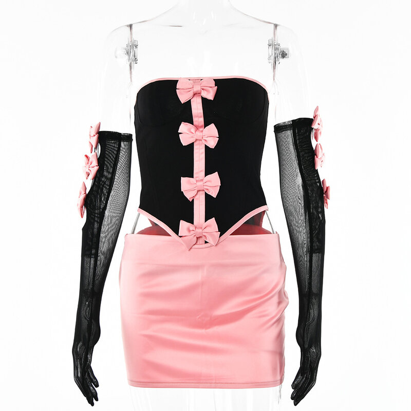 Летний женский комплект из 2 предметов, черная облегающая блузка с милым бантом, женская розовая юбка без бретелек, Прямая поставка