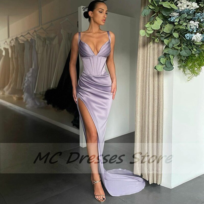 길쭉한 섹시한 날개 숄더 이브닝 드레스 사이드 높은 슬릿 바닥 길이 주름 인어 졸업 파티 드레스 부르카