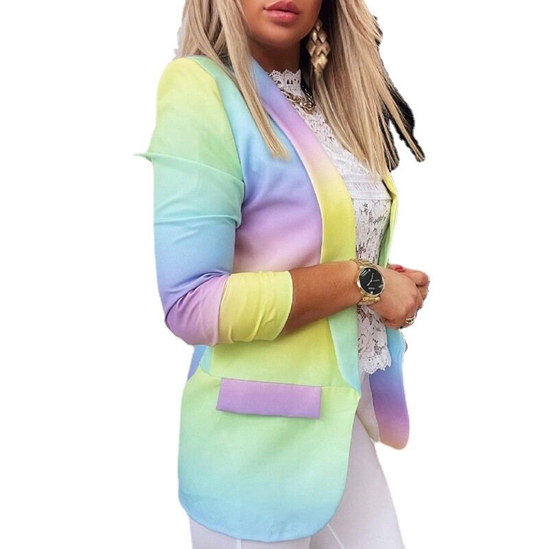 Jaket kantor wanita, lengan panjang ikat celup warna-warni 2022 musim gugur mode tempat kerja kancing tunggal kasual