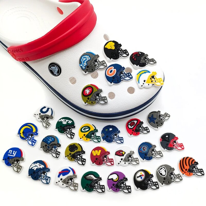 Hot 27pcs/Set Football Helmet Shoe Croc Charms Rugby Pattern Garden PVC Shoe Accessories Buckle Decorations Wristbands Jibz