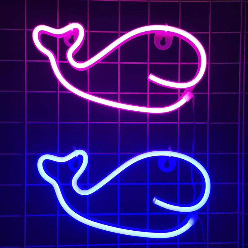 LED Whale Neon Sign Lights For Bedroom Wall Battery USB Night Lamp Atmosphere Kids Gifts Home Christmas Party Room Decoration