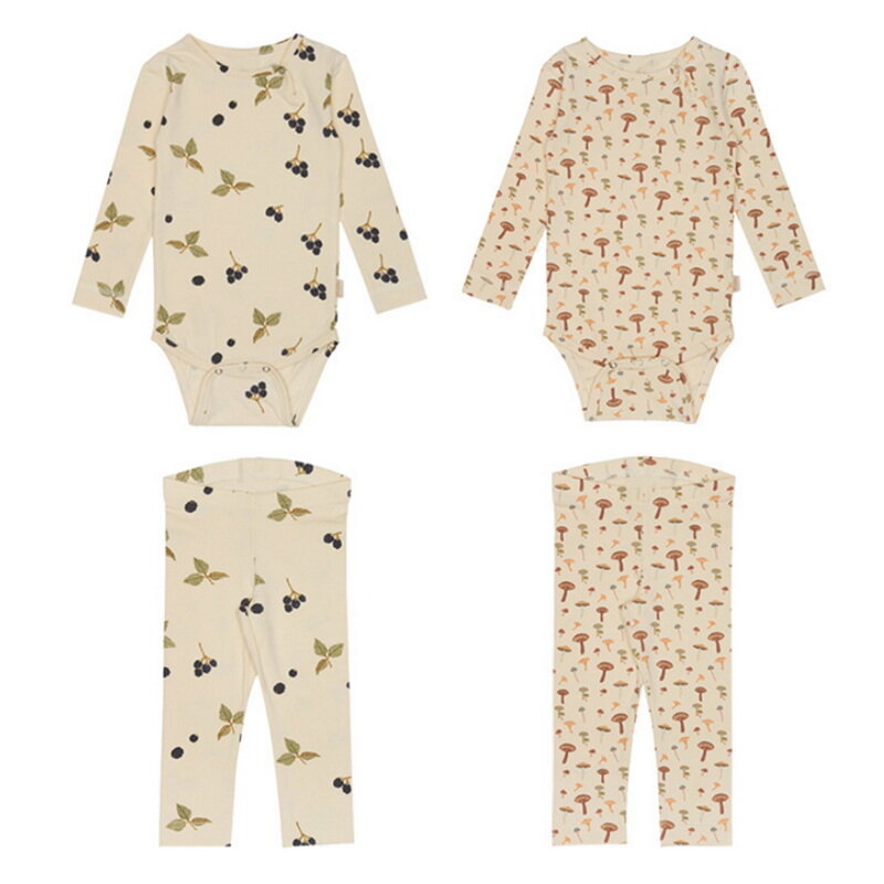 2022 New Spring Baby Girl Boy Pajamas Sets Print Round Collar Bodysuit+Mushroom BlackBerry Pant+Cap Newborn Cotton Clothes E1670