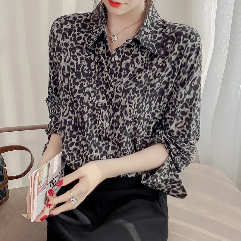 Camicia con stampa leopardata Moda femminile Office Lady manica lunga Blusas Mujer De Moda primavera verano abiti Moda donna top 80B
