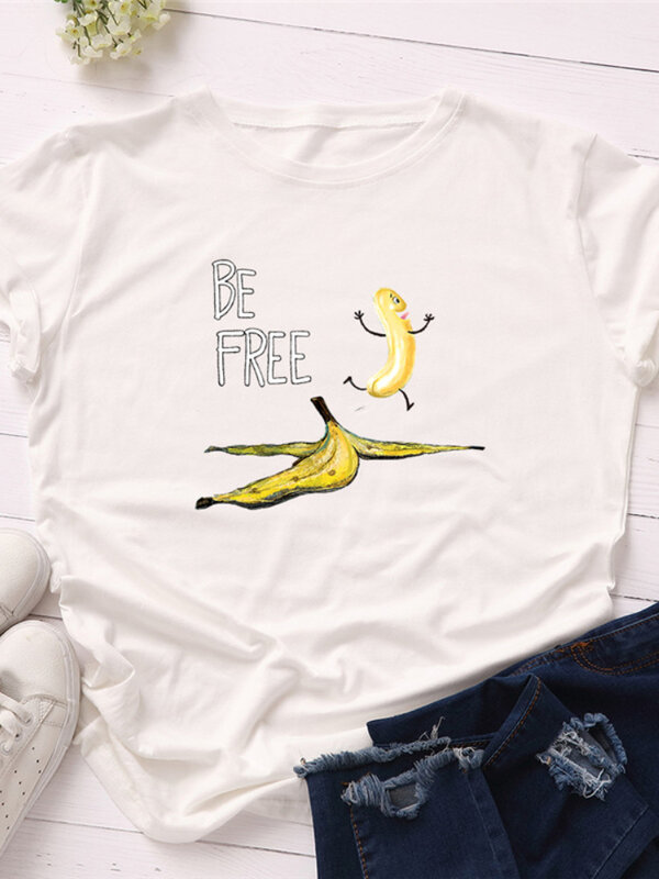Funny Banana Be Free Letter Print T Shirt kobiety z krótkim rękawem O Neck luźna koszulka letnia damska koszulka damska topy ubrania