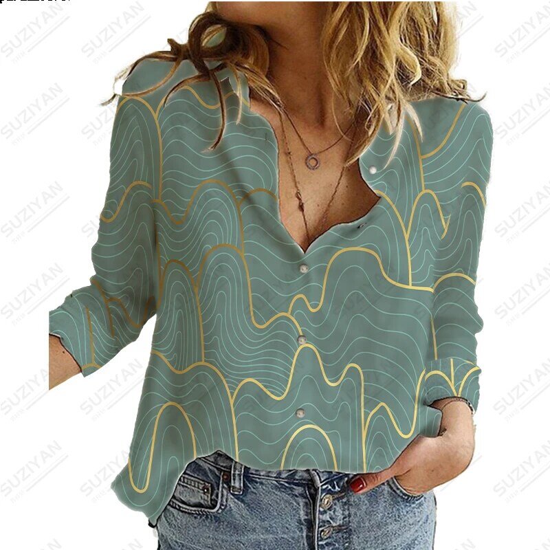 女性用長袖ボタンダウンシャツ,カジュアル,トロピカル植物,ラペルカラー,ラージサイズ