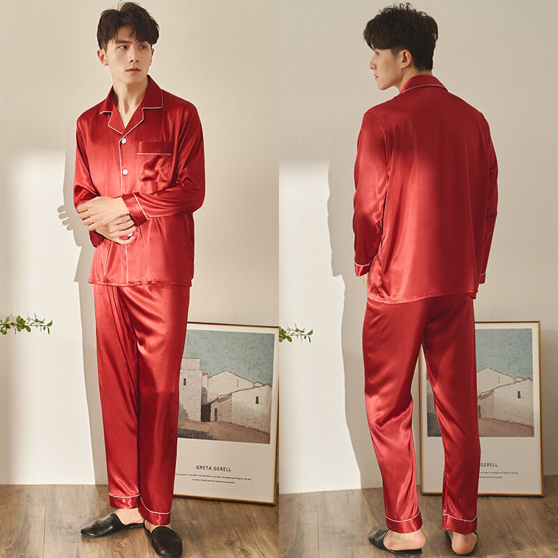 Puimentiua-남성 새틴 실크 잠옷 세트, 현대적인 스타일의 실크 나이트 가운, 홈 남성 새틴 부드럽고 아늑한 잠옷, 남성 잠옷