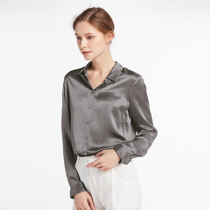 22mm 100 Silk Shirts Bluse Elegante Grund Reine Natürliche Charmeuse Silk Chinesischen Lange Ärmel Glänzend Frauen Freies Verschiffen