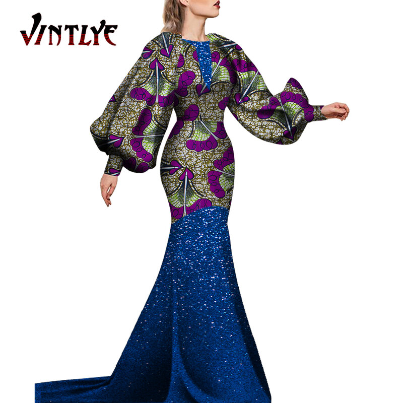 Fashion Robe Africaine Femme African Dresses for Women Lantern Sleeve Print Dashiki Evening Dress African Lady Clothes WY5895