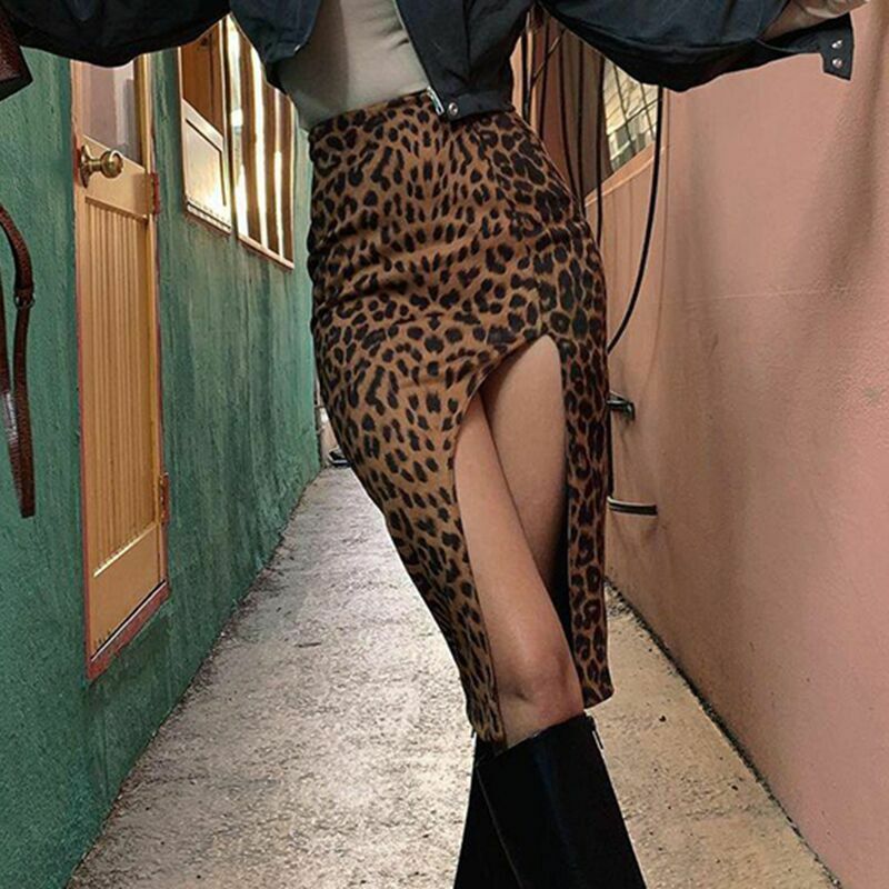 Faldas con estampado de leopardo para mujer, faldas sexys de cintura alta con abertura, a la moda, 2022