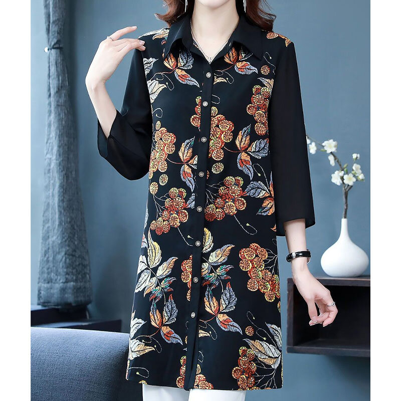 Blusa informal de gasa con manga 3/4 para mujer, camisa con estampado Midi y cuello de Polo a la moda, Estilo Vintage para verano