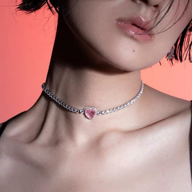 New trendy designer pink peach heart necklace ins fashion simple love pendant collarbone chain earring ring sweet jewelry set