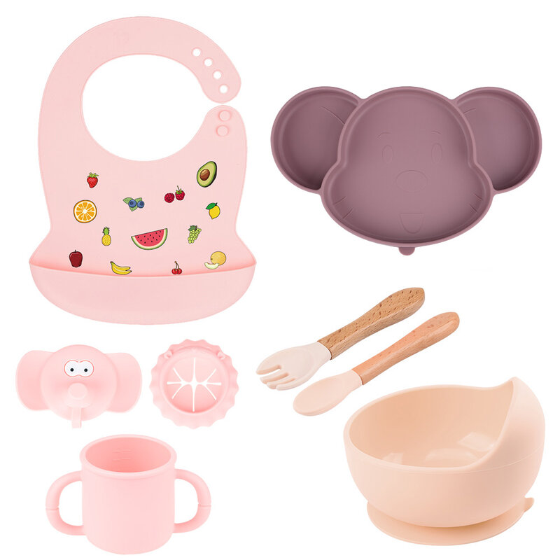 4/8PCS Baby Silicone Dishes Suction Cartoon Soft Bibs Non-slip Children's Dishes BPA Free Bowl Plate Cup Spoon Fork Sets