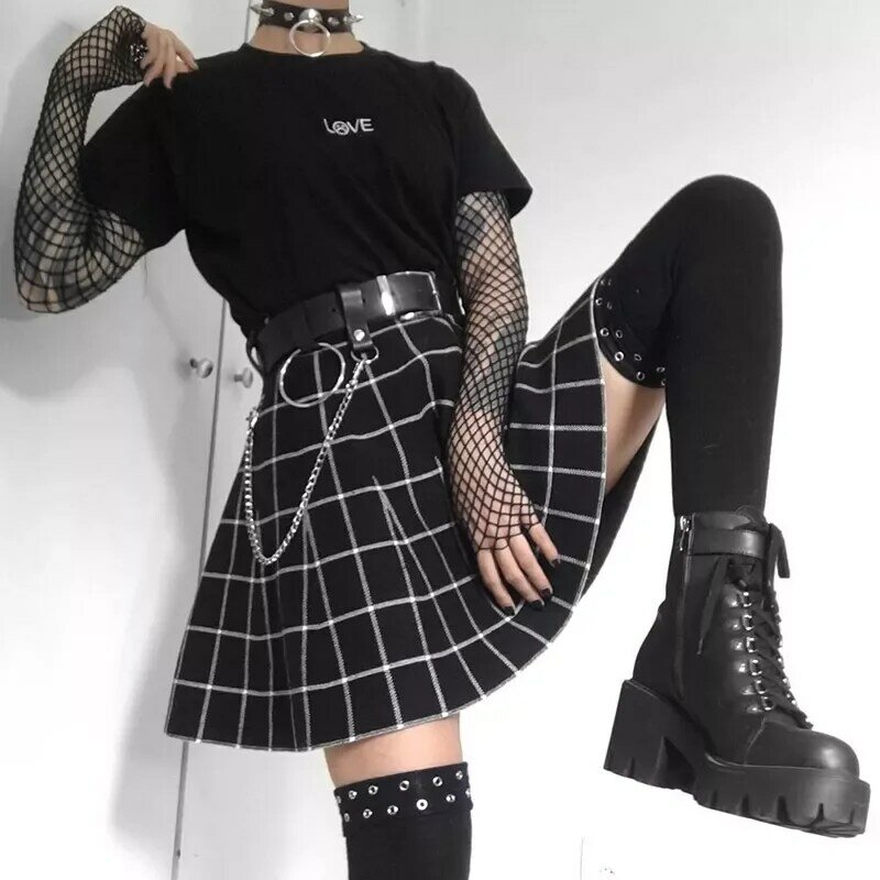 ความงาม Gothic Grunge ลายสก๊อตกระโปรงสีดำสั้นผู้หญิงสูงเอว A-Line กระโปรง E-สาว Vintage Mall Harajuku Streetwear เสื้อผ้า