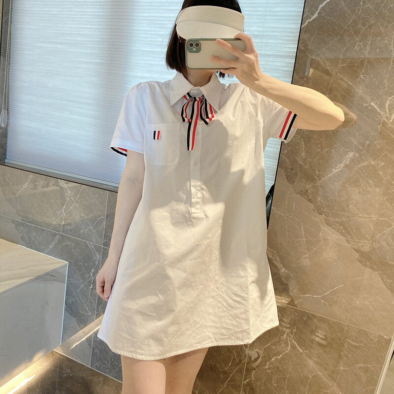 High quality Korean fashion TB Spring/Summer French Academy Style Bow Tie Temperament Small Short Sleeve Shirt Dress Women
