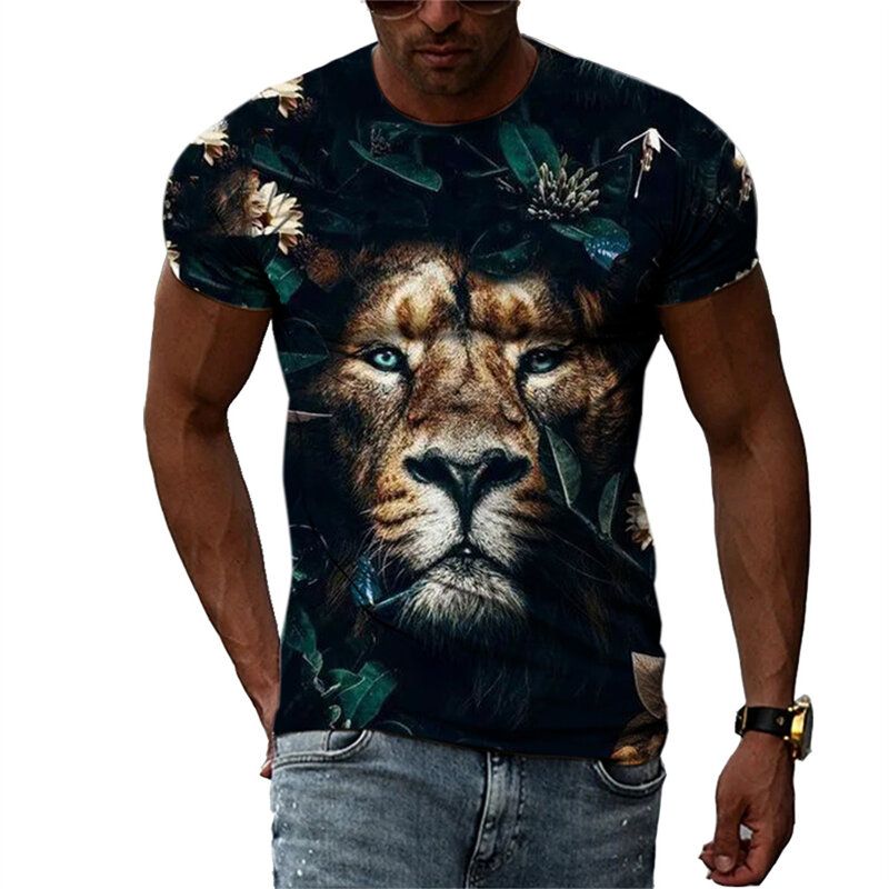 여름 크리에이티브 사자 디자인 패션 남성 티셔츠, 3D 캐주얼 힙합 하라주쿠 라운드 넥 인쇄 그래픽 티셔츠, 반팔