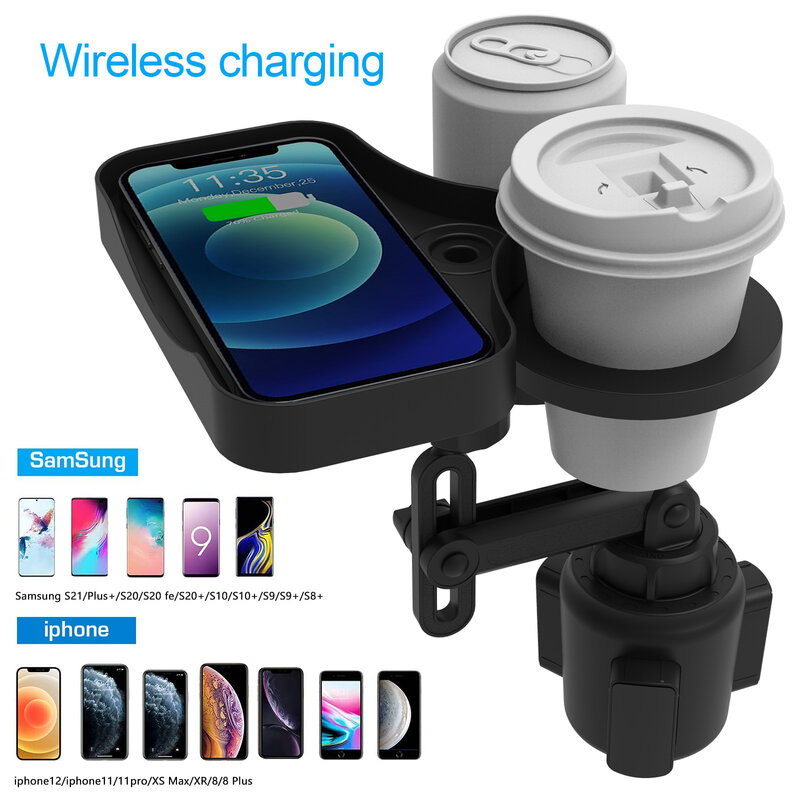 Mintiml Cup Holder 4 in 1 Expander Adapter Rotatable Wireless USB Charging Tray for Vehicle Phone Organizer Drinking Bottle Tray