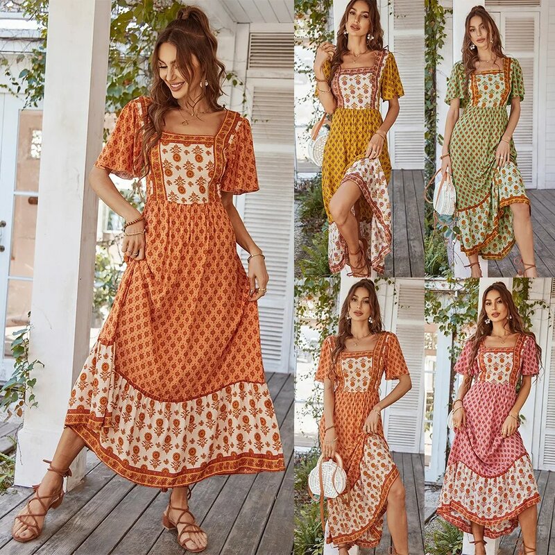 Bohemian Style Dress 2022 Summer French Square Collar Dress