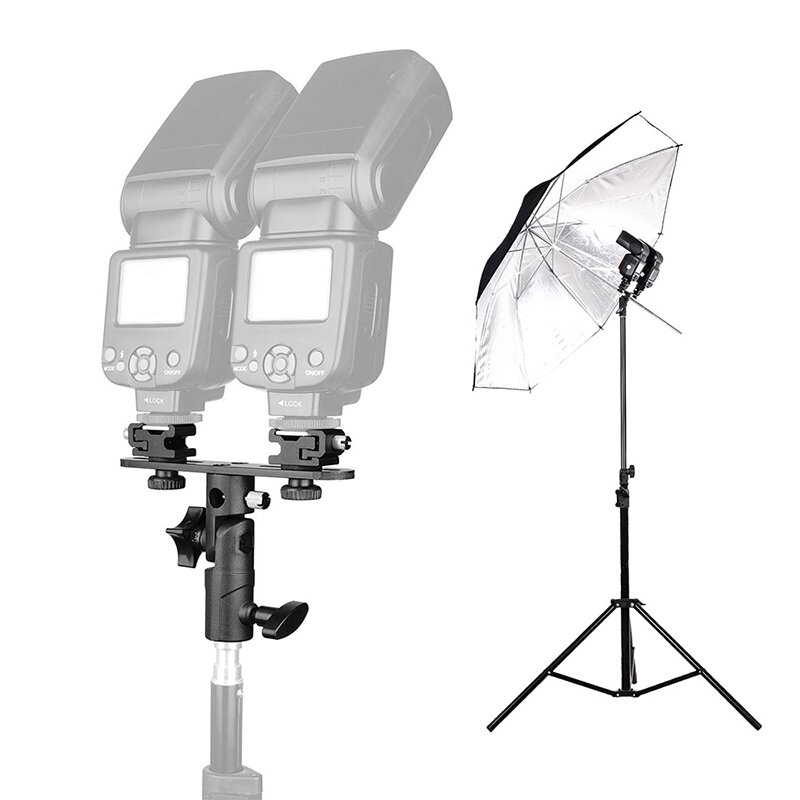 Aksesori Studio Foto Dudukan Lampu Payung Braket Flash Kamera & 2 Dudukan Hot Shoe untuk Speedlight DSLR Rig Monitor LCD