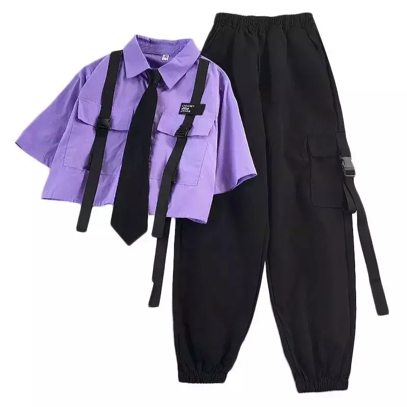 2022ฤดูใบไม้ร่วง Streetwear กางเกงสูงเอวตรงริบบิ้น Cargo กางเกงนักเรียนหลวมสั้นเสื้อ Tie 2-ชิ้นชุด