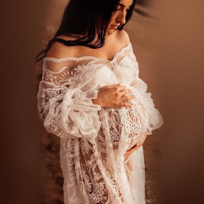 Fotografia ciążowa rekwizyty Boho sukienka ciążowa koronka, falbany rękawy suknia ciąża kobiety długie sukienki rekwizyty na sesja zdjęciowa