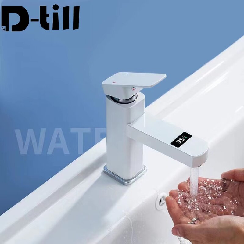 D-till-grifo con pantalla LED para lavabo de baño, mezclador de agua fría y caliente montado en cubierta, color negro, dorado y blanco