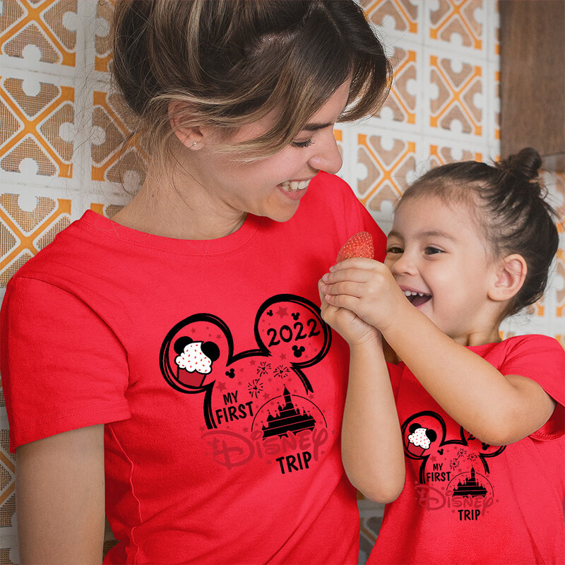 女の子と男の子のためのディズニー服,母と子の家族の衣装,最初のディズニー旅行ミッキーマウスTシャツ,2022