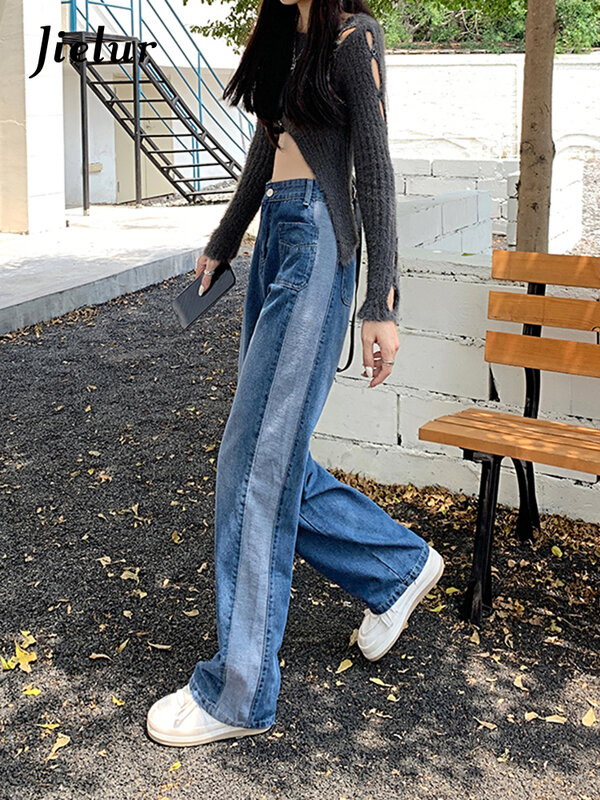 Jielur chique casual calças de brim femininas de cintura alta azul denim jeans rua lavado botões cor hit calças compridas feminino menina outono S-4XL