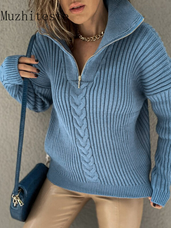 스웨터 라펠 루즈핏 캐주얼 니트 지퍼 풀오버 스웨터 여성용, 단색 긴 소매 상의, 패션 상의, 가을 겨울