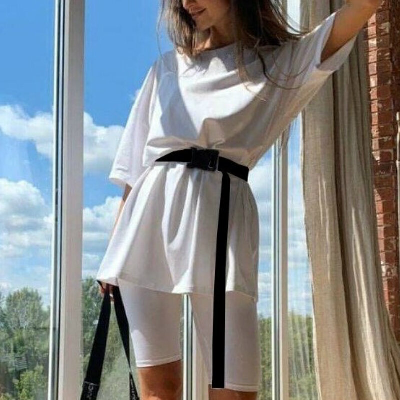 2020 New Casual Solid Women's Two Piece Suit with Belt Solid Color Home Loose Sports Fashion Leisure Suit Summer Clothing