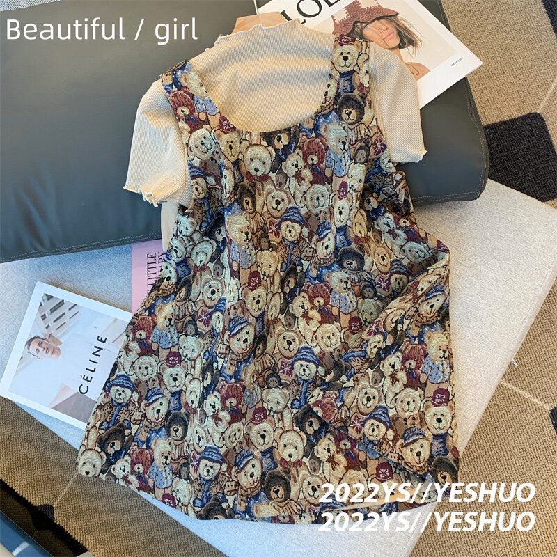 여성용 투피스 드레스 세트, 귀여운 곰 프린트 나비 조끼 드레스, 반팔 티셔츠, 여름 최신 여성 정장, 루즈한 의상, 타이드
