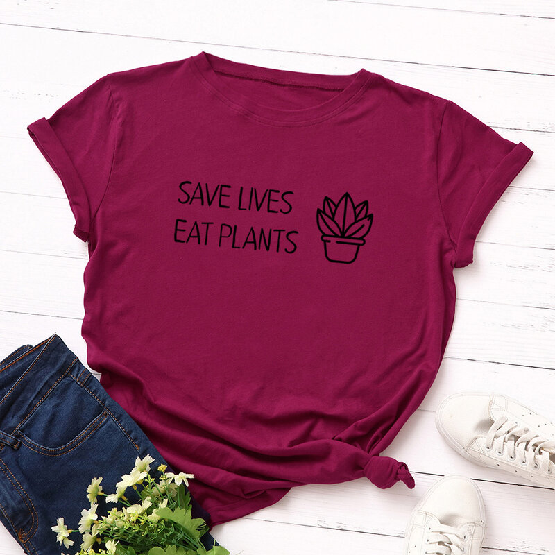 T-shirt manches courtes col rond femme, ample, avec des imprimés de plantes alimentaires, pour sauver des vies
