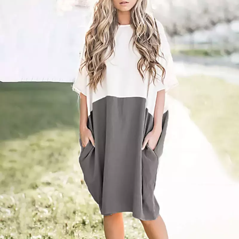 Vestido holgado informal de lino con media manga para mujer, vestido liso con bolsillos y botones, moda de verano, 2022