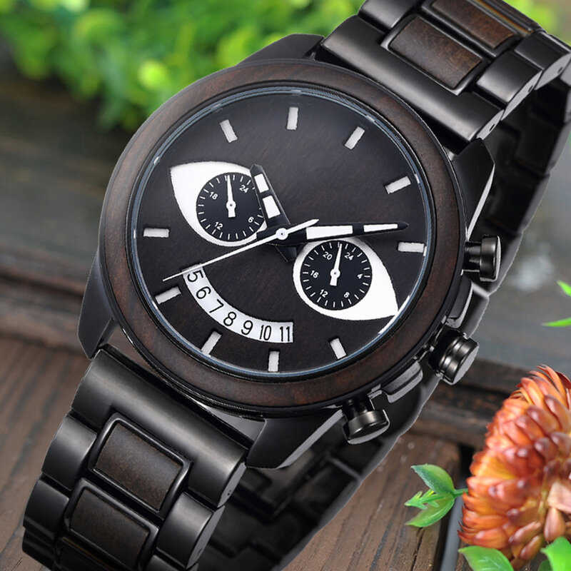 Drewniany zegarek ręczny dla mężczyzn moda stalowa drewniana wielofunkcyjna horloges mannen kwarcowy modny buźka heban mężczyźni zegarki uhr herren