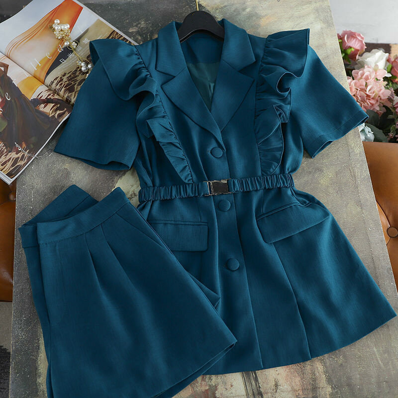 Женский офисный костюм из двух предметов, свободный однотонный костюм с блейзером и шортами с коротким рукавом, лето 2021