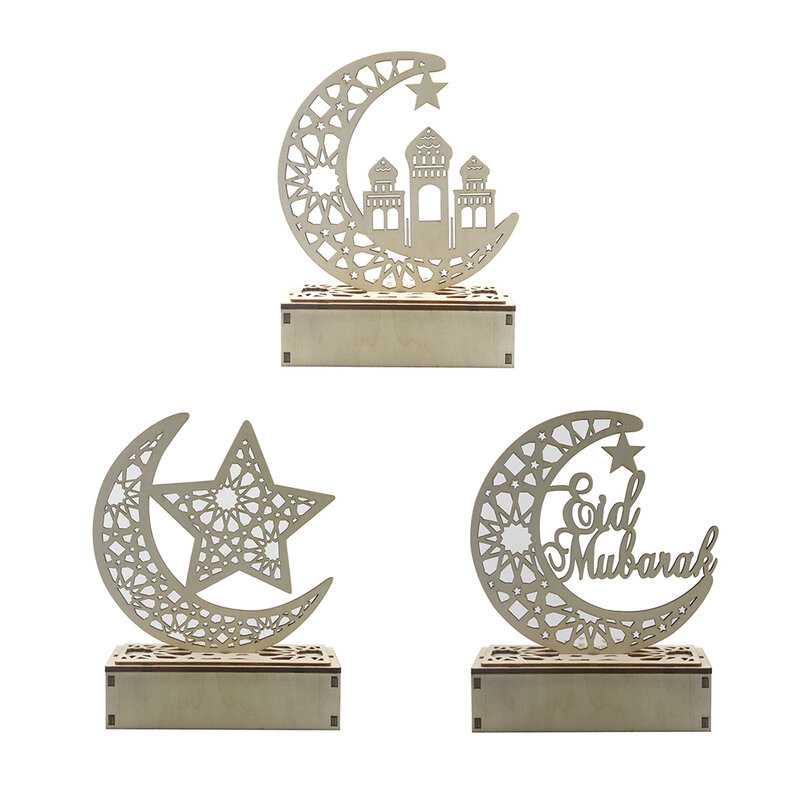 Luz LED de madera con forma de Luna para decoración del hogar, adorno de escritorio con letras artesanales, Eid, Mubarak, Islam musulmán, Ramadán, Festival musulmán