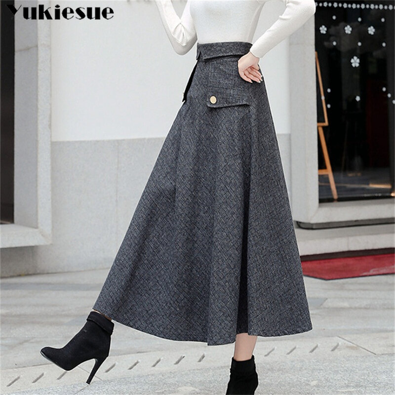Harajuku coreano moda estética saia feminina saias mulher moda 2022 inverno outono lã longa a linha saia feminina