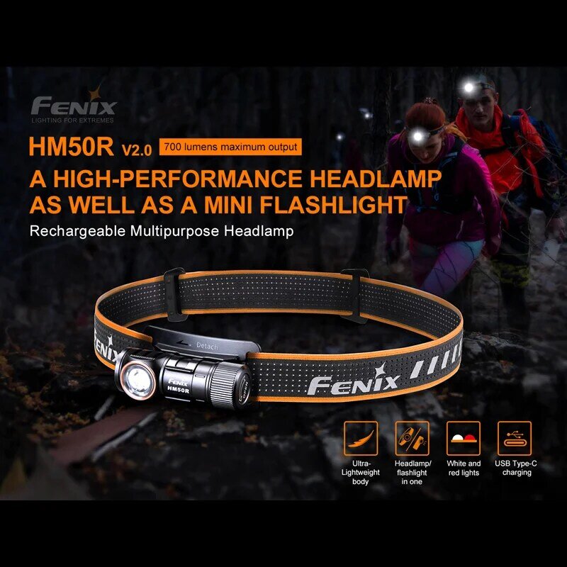Fenix HM50R V2.0 Oplaadbare Multipurpose Koplamp 700Lumens Lichtgewicht Edc Zaklamp Inclusief 16340 Batterij
