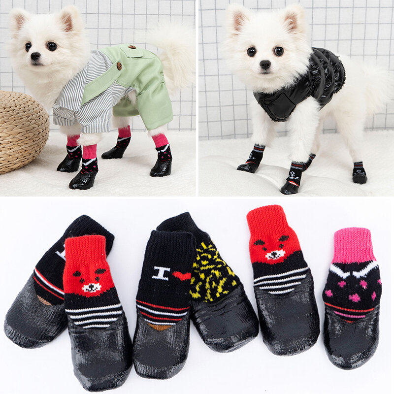 4 Buah/Set Sepatu Anjing Peliharaan Lucu Kaus Kaki Katun Karet Tahan Air Antiselip Sepatu Bot Salju Hujan Anjing Alas Kaki untuk Anak Anjing Kucing Kecil