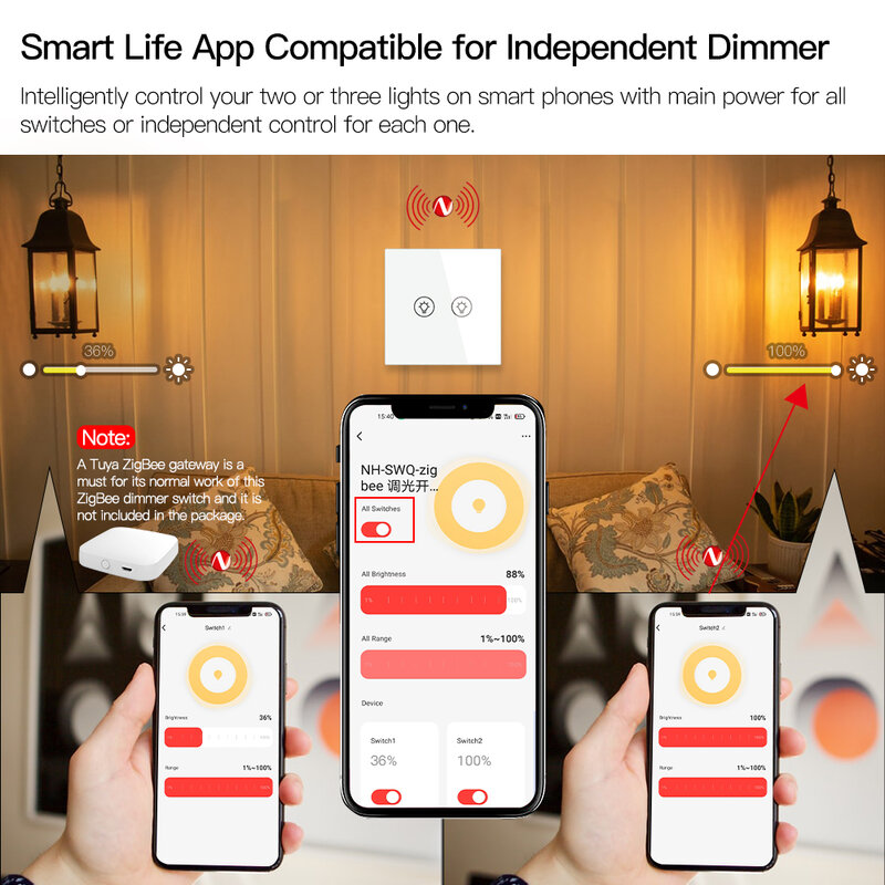 Smart ZigBee Multi-gang Light Dimmer Switch Independent Control Smart Tuya APP Control Works with Alexa Google Home 1/2/3 Gang