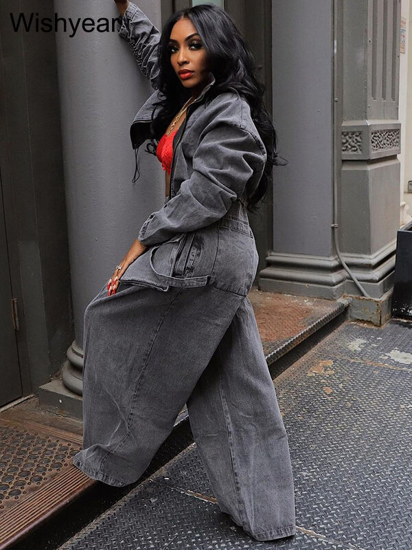 Джинсовая куртка с воротником-стойкой и длинным рукавом, укороченный топ и широкие брюки-карго с карманами, комплект из двух предметов, Женский уличный свободный джинсовый костюм