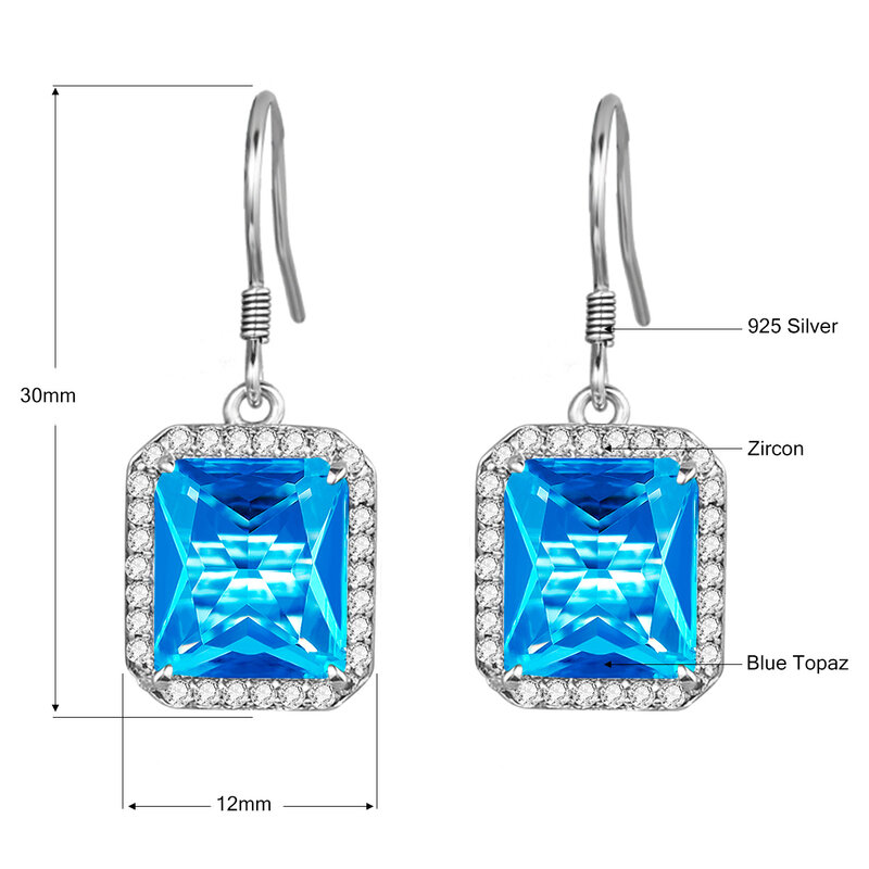Classic Real 925 Sterling Silver Earring Blue Topaz Square Drop Earrings for Women Fine Jewelry Casual Trendy Party Anniversary