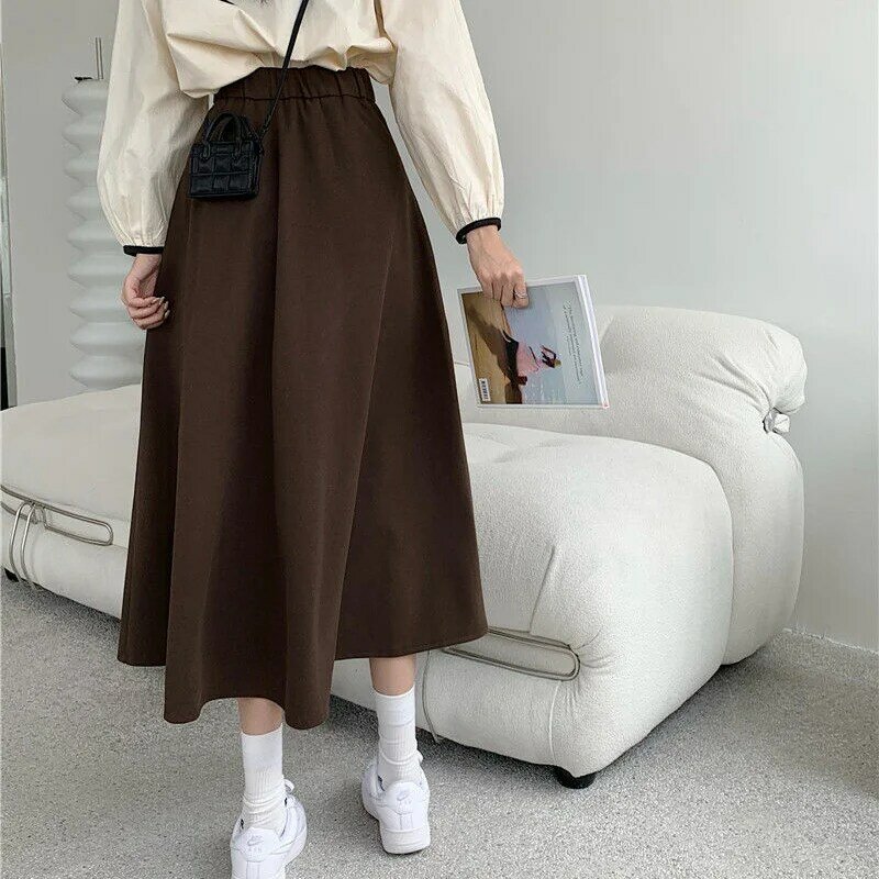 Falda larga Midi de línea a para mujer, falda lisa que combina con todo, cintura elástica francesa suave, ropa para mujer, Faldas de estilo imperio coreano de otoño