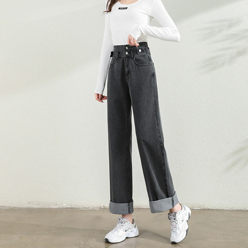Celana Panjang Vintage Lantai Sentuh Rasa Vertikal Tabung Lurus Pinggang Tinggi Longgar Kasual Mode Jeans Denim Wanita Baru Musim Semi 2022