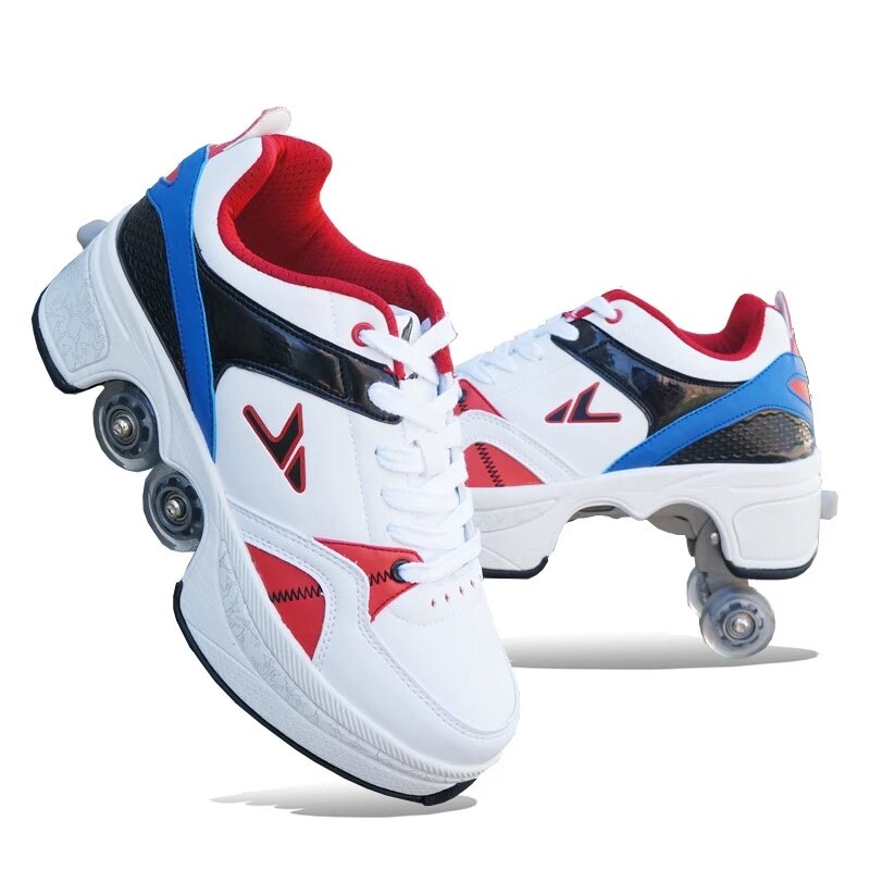 Pu Kulit Dewasa Sepatu Olahraga Sepatu Roda Kasual Deformasi Parkour Sneakers Skate dengan 4 Roda untuk Putaran Anak Berlari