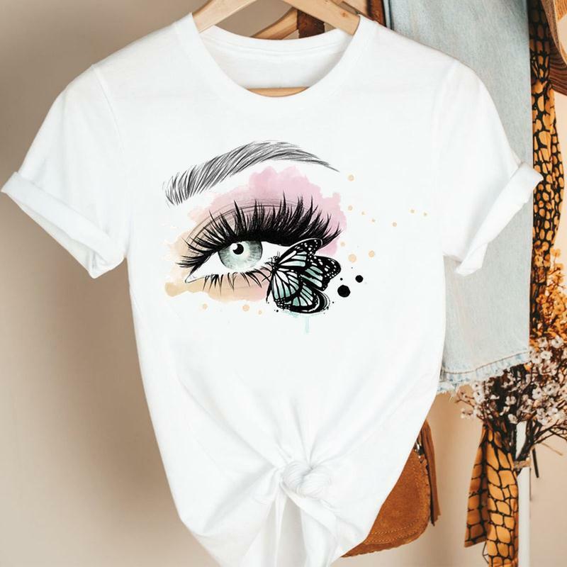 Fashion Women T Shirt Butterfly Lashes Printed T Shirt Female New Cute Graphic Tee Tshirt Women Short Sleeve O-neck Tops T-shirt