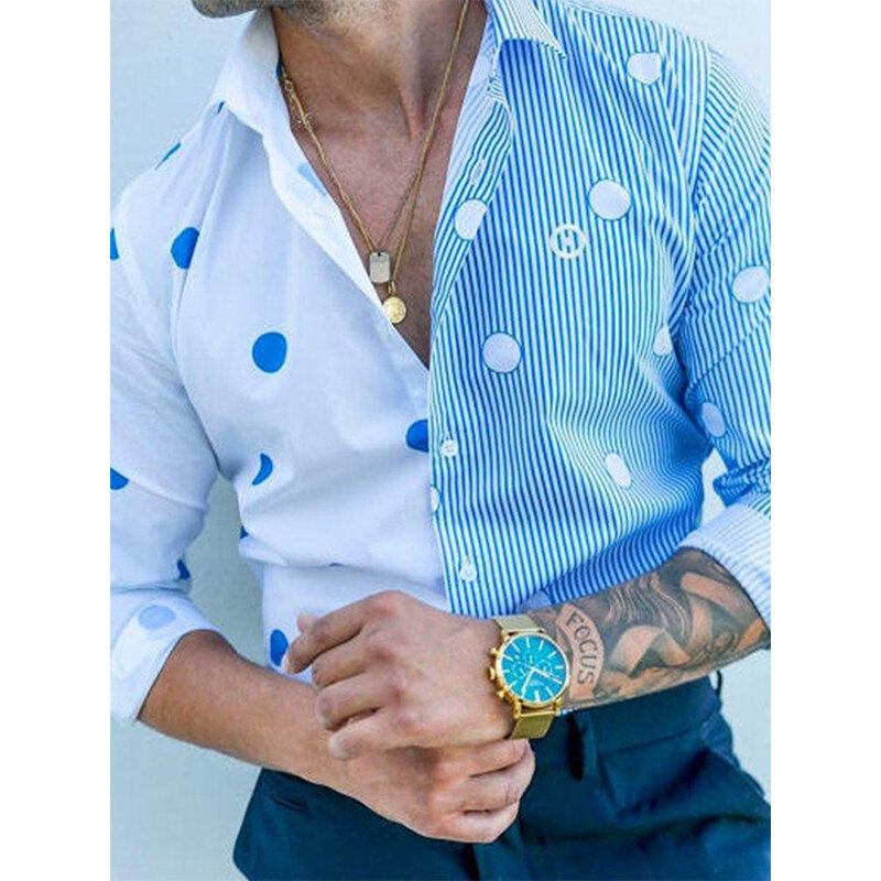 2021 Autumn Men Blue Striped Polka Dot Slim Long Sleeved Casual Shirts European American Lapel Button Dress shirt Male Blouse