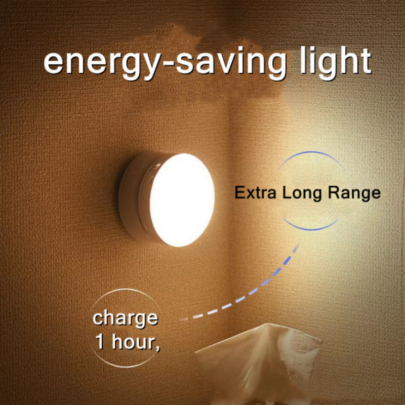 Latarka nocna z akumulatorem USB z okrągłym czujnikiem ruchu oświetlenie podszafkowe do szafy lampa kuchenna dekoracja sypialni lampka nocna