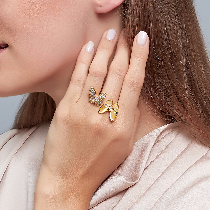 Luksusowa miedź inkrustowane cyrkon dwa motyl otwarte pierścienie dla kobiet wysokiej jakości Opal regulowany palec serdeczny walentynki biżuteria