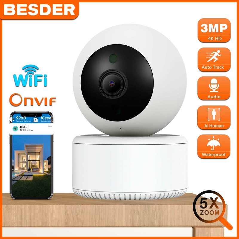 BESDER 2K 3MP Smart Home IP Camera WiFi Auto Tracking Indoor PTZ Security Cameras 1080P 5X Digital Zoom Two Way Audio / Storage