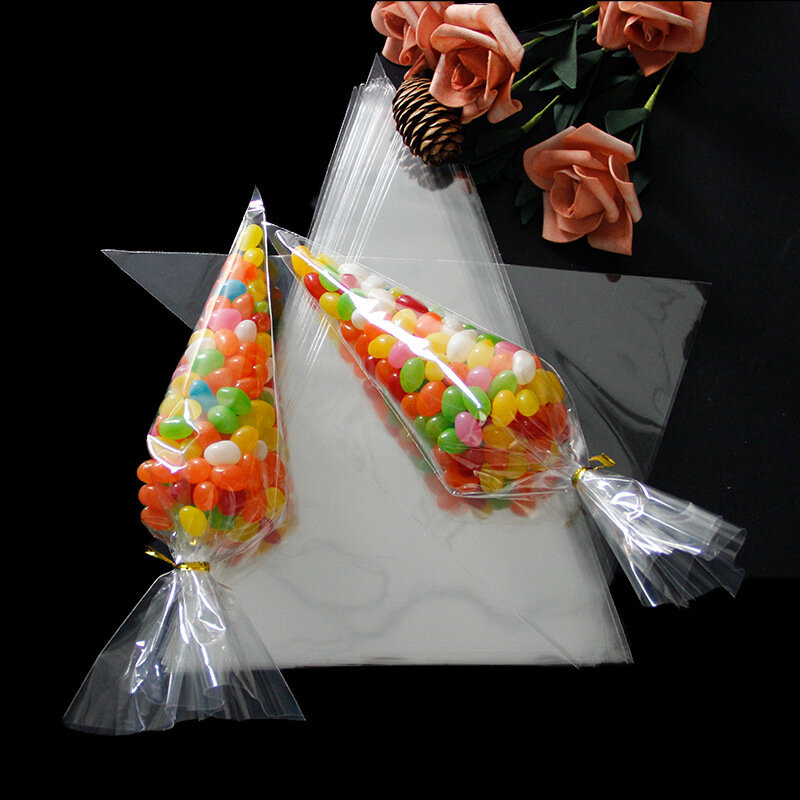 50 pçs/lote diy saco de doces favores casamento festa de aniversário decoração doce celofane transparente cone armazenamento com organza bolsas